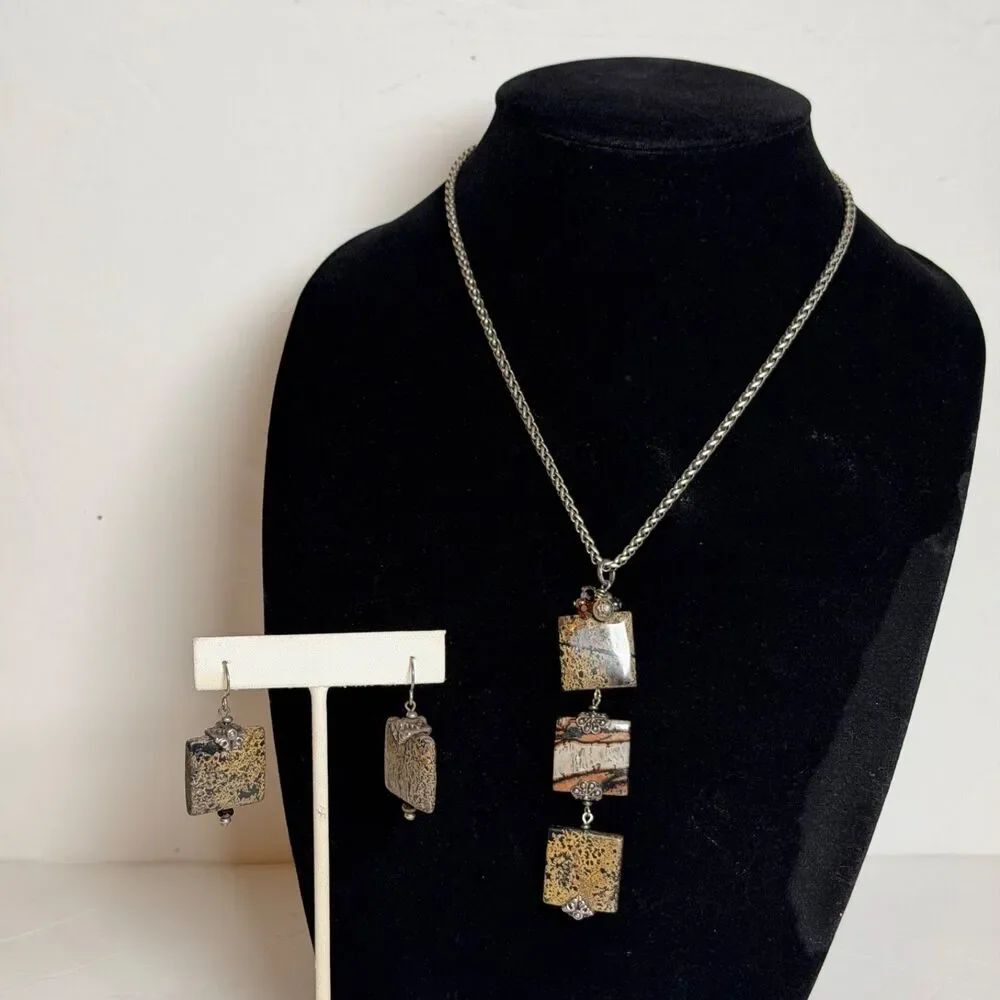 Desert Heart Made USA Necklace & Earring Set Brown Stone Silver Tone Southwest